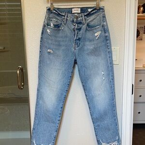 Frame, Distressed Light Blue Buttonfly Jeans